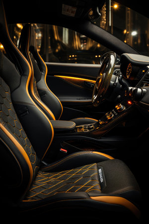 Modern luxury car interior details, steering wheel, dashboard and dashboard.の素材