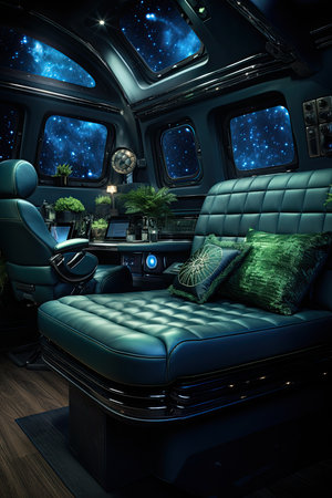 Interior of a spaceship with a blue leather sofa, night viewの素材