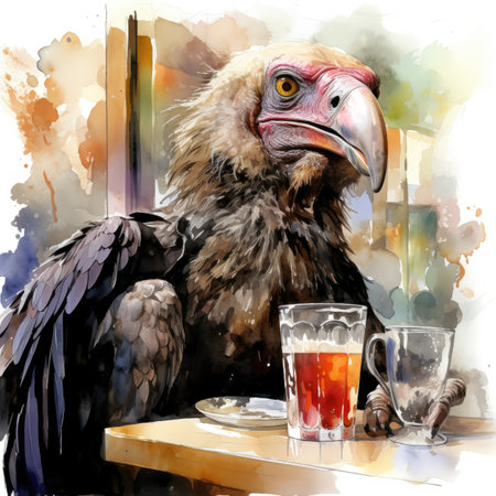 Illustration of a vulture sitting at a table with a glass of beerの素材