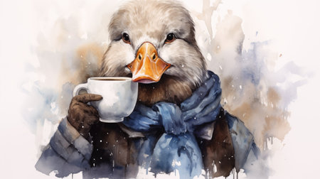 Watercolor portrait of a duck in winter clothes with a cup of coffeeの素材