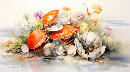 still life with seashells in watercolor painting style on white backgroundの素材