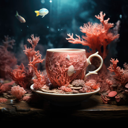 Cup of coffee and corals on a dark background.の素材