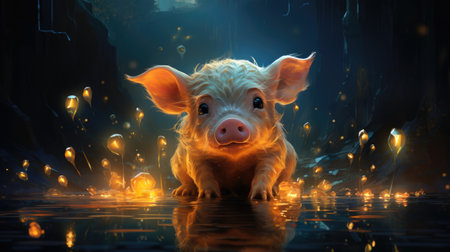 Piglet in the dark with golden light.の素材