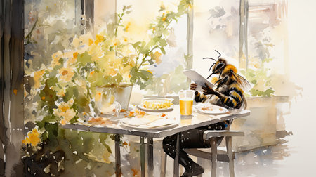 Bumblebee sitting at a table in a cafe and reading a bookの素材