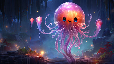Illustration of a cute jellyfish in the dark forest. Fantasy world.の素材