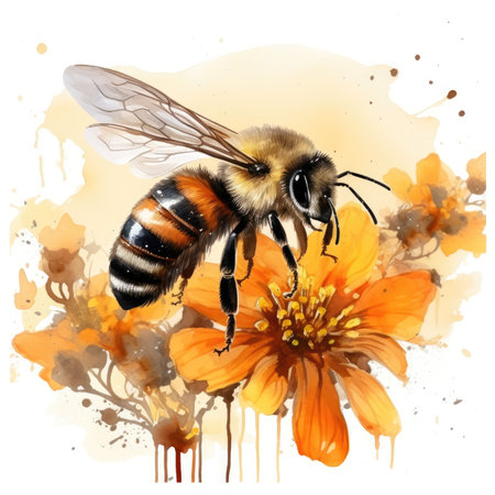 Watercolor Bee on flower isolated on white backgroundの素材