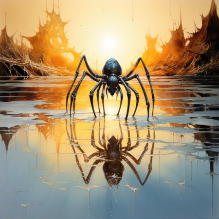 Spider in water with orange background. Halloween concept.の素材