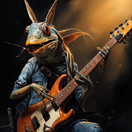 Fantasy monster with electric guitar on dark background.の素材