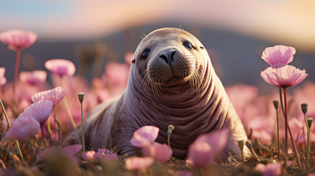 Sea lion in the pink flower field at sunset, close up.の素材