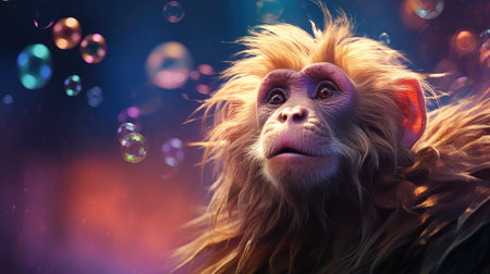 Portrait of a monkey with soap bubbles on a dark background.の素材