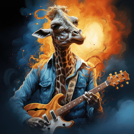 Giraffe with electric guitar in the fire on a dark backgroundの素材
