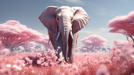 Elephant in the meadow with pink flowers.の素材