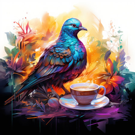 Pigeon with a cup of coffee on a background of autumn leavesの素材