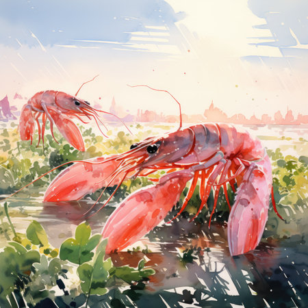 Watercolor two red shrimps on the river bankの素材