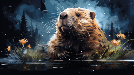 Huge beaver sitting on the grass in the forest.の素材