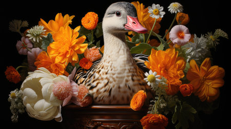 Duck with a bouquet of flowers on a black background.の素材
