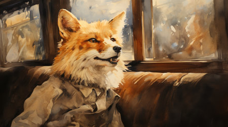 Portrait of a red fox sitting on the windowsill.の素材