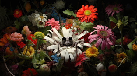 A spider in a bouquet of flowers on a black background.の素材