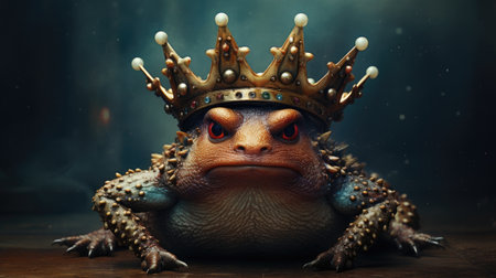 Frog in a crown on a dark background.の素材