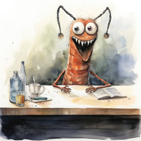Watercolor Funny cartoon bug sitting at the table.の素材