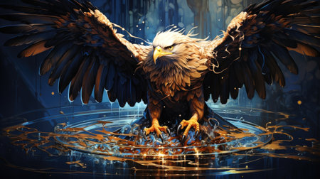 an eagle in the water with splashes.の素材