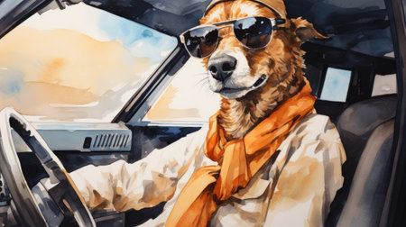 Portrait of a golden retriever dog in sunglasses driving a carの素材