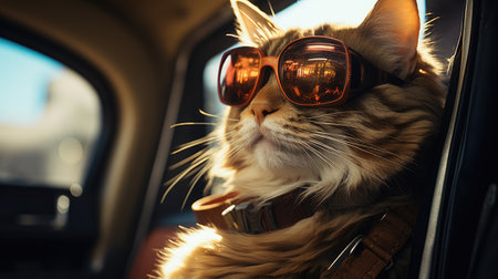 Portrait of a beautiful Maine Coon cat with sunglasses in the carの素材