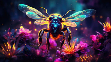 Illustration of a bee on a flower background.の素材