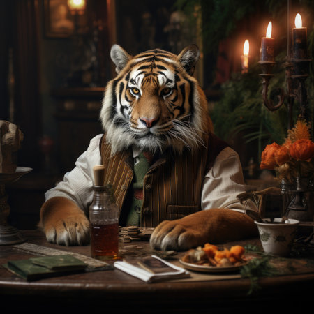 Portrait of a tiger with a bottle of whiskey in his handの素材