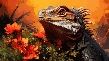 Iguana on a background of flowers and fire.の素材