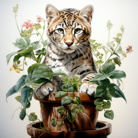 Tiger cub with flowers in pot on white background.の素材