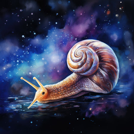 Garden snail on a background of starry sky.の素材