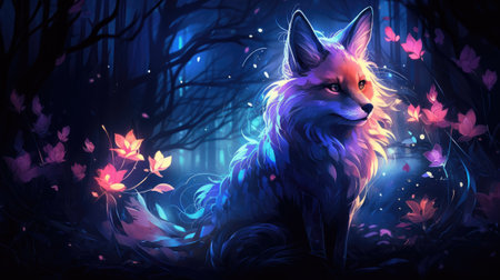 Illustration of a fox in the forest at night with flowers.の素材