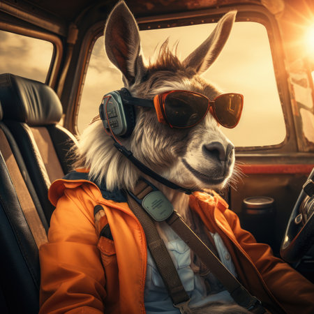 Alpaca wearing sunglasses and listening to music in a vintage carの素材