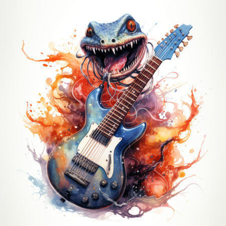 Illustration of a monster with an electric guitar on a white backgroundの素材