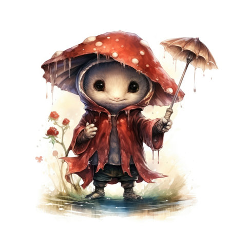 Watercolor Fairytale doll in raincoat with umbrella.の素材