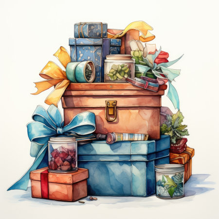 Watercolor Pile of vintage boxes with gifts.の素材