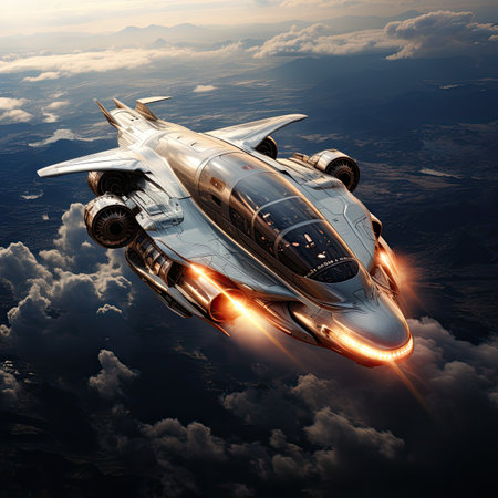 Futuristic spaceship flying in the sky.の素材