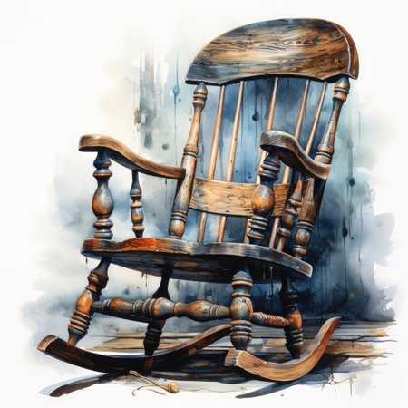 Watercolor Vintage wooden rocking chair on white background.の素材