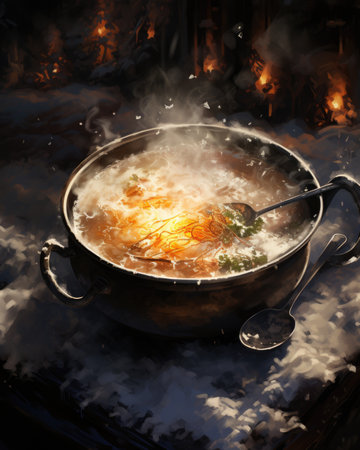 Hot soup in a pot on a dark background.の素材