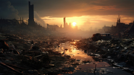 Fantasy landscape with cityscape and river at sunset.の素材