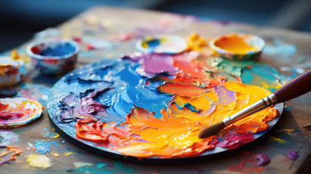 Painting palette with oil paints and brush on table, closeupの素材