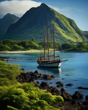 Sailboat on the seashore with mountains in the backgroundの素材