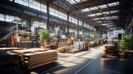 Warehouse interior with shelves and wooden pallets.の素材