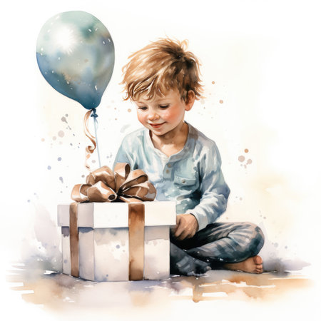 Watercolor Cute little boy with gift box and balloon.の素材
