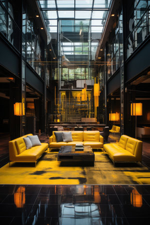 Interior of a modern hotel lobby with yellow sofas.の素材