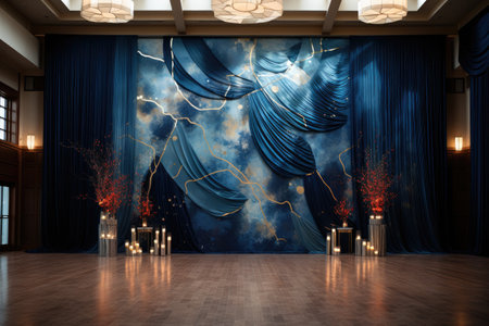 empty stage with blue curtains and spotlights.の素材