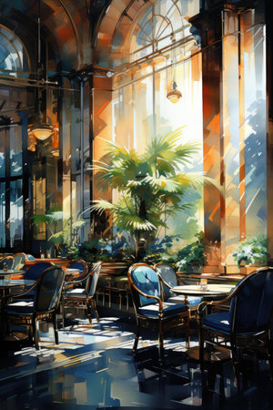Illustration of a restaurant interior with tables, chairs and palm treesの素材