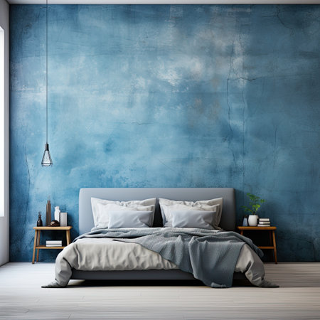 Blue bedroom interior with blue wall and wooden floor.の素材