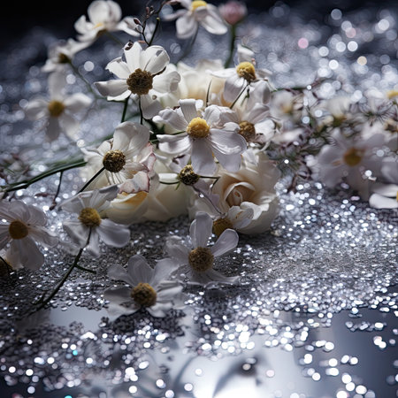 Bouquet of white daisies on a black background.の素材